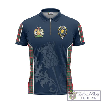Cumming Hunting Modern Tartan Zipper Polo Shirt with Family Crest and Scottish Thistle Vibes Sport Style