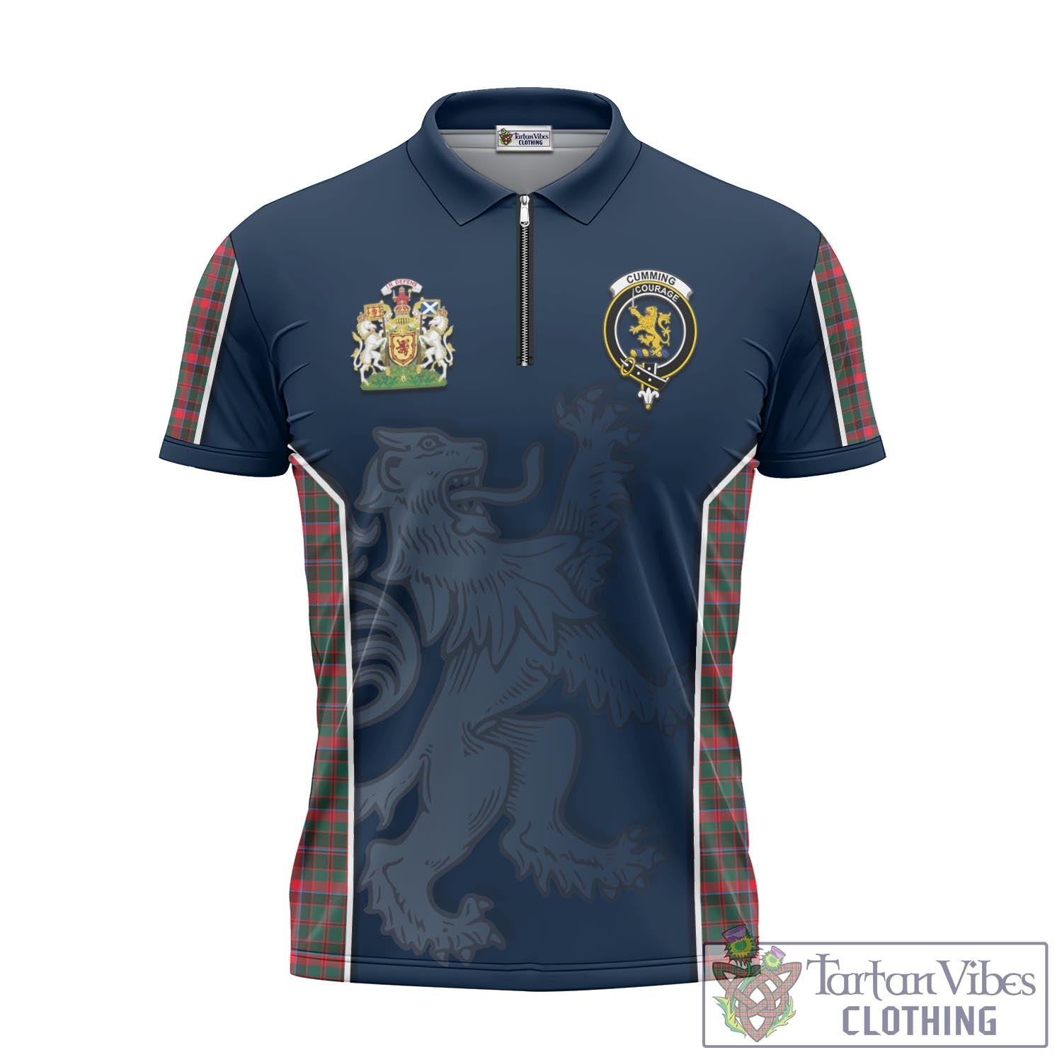 Tartan Vibes Clothing Cumming Hunting Modern Tartan Zipper Polo Shirt with Family Crest and Lion Rampant Vibes Sport Style