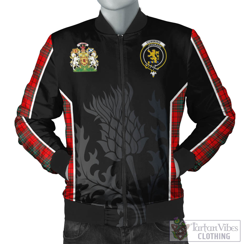 Tartan Vibes Clothing Cumming Modern Tartan Bomber Jacket with Family Crest and Scottish Thistle Vibes Sport Style
