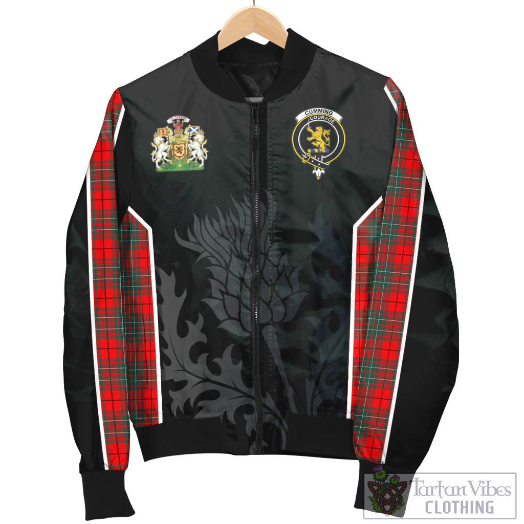 Tartan Vibes Clothing Cumming Modern Tartan Bomber Jacket with Family Crest and Scottish Thistle Vibes Sport Style