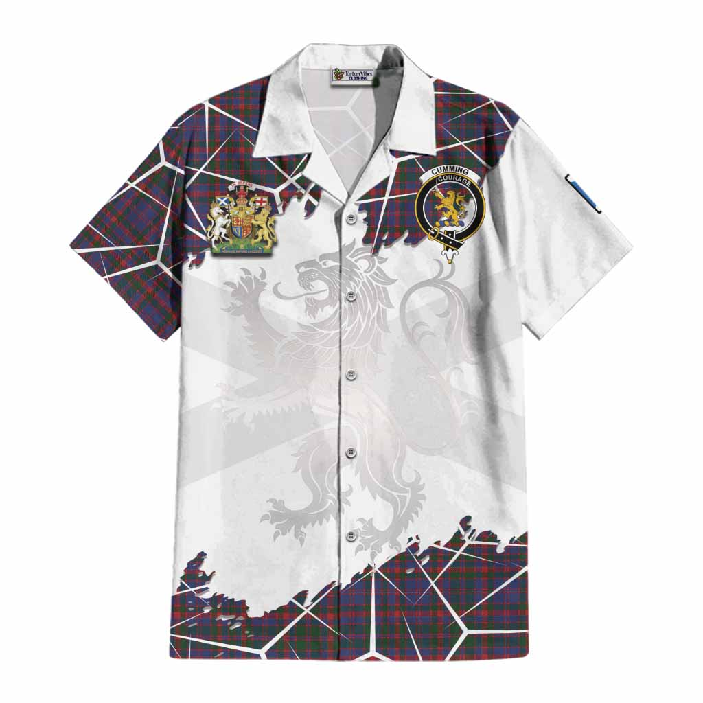 Cumming Tartan Cotton Hawaiian Shirt with Family Crest and Lion Rampant Grunge Style