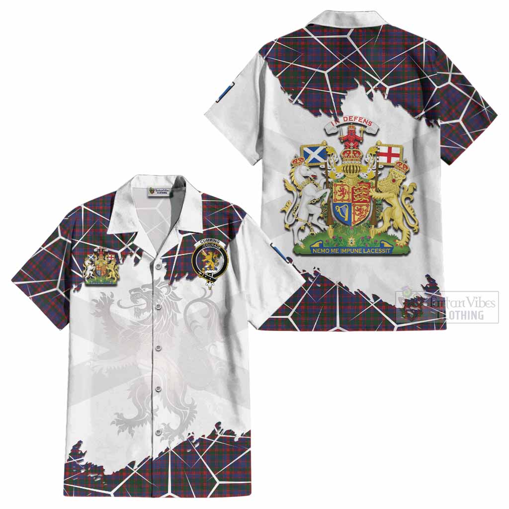 Cumming Tartan Cotton Hawaiian Shirt with Family Crest and Lion Rampant Grunge Style