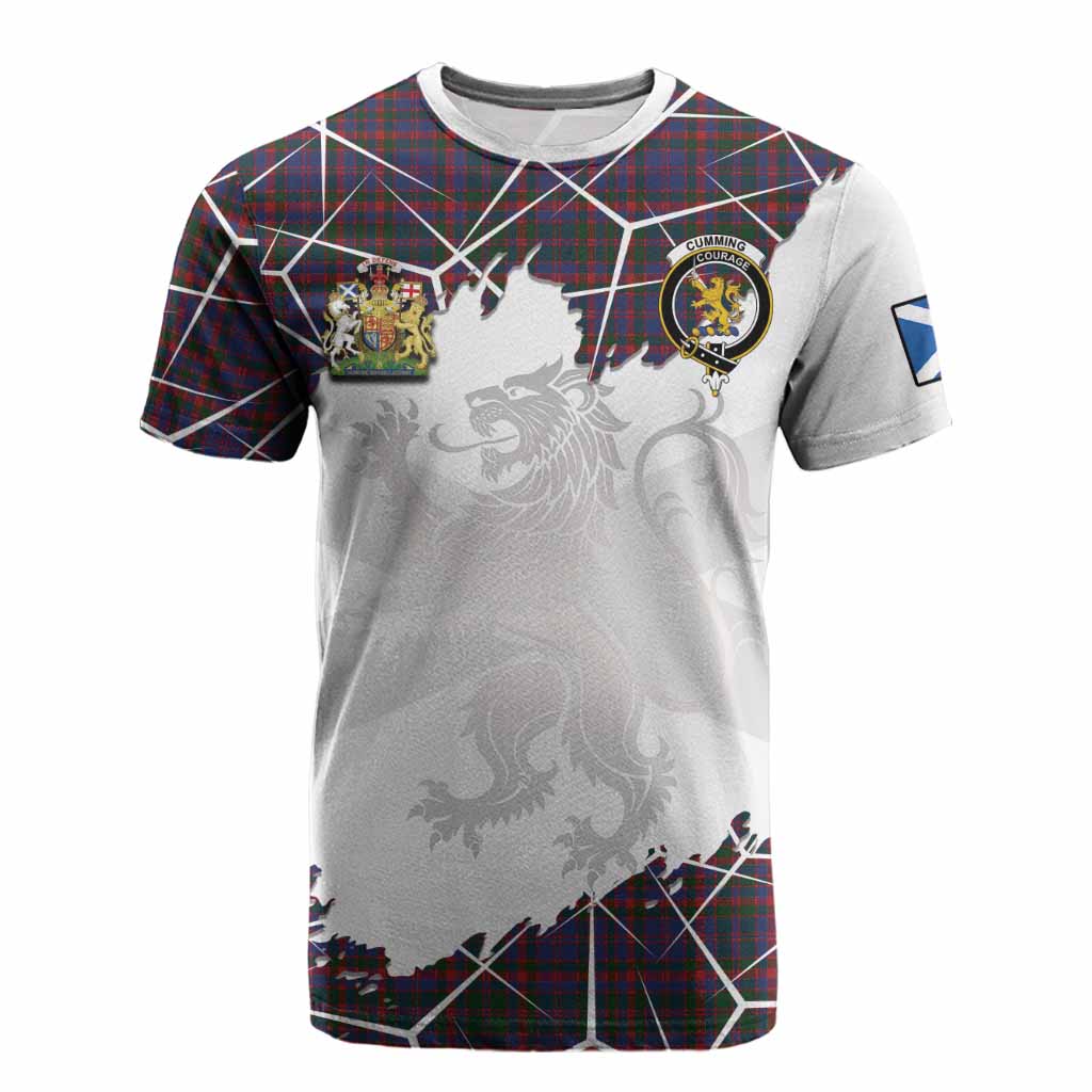 Cumming Tartan Cotton T-shirt with Family Crest and Lion Rampant Grunge Style
