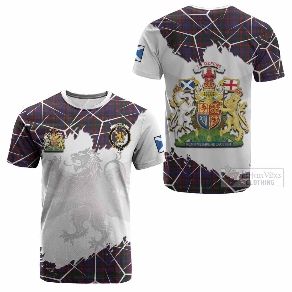 Cumming Tartan Cotton T-shirt with Family Crest and Lion Rampant Grunge Style
