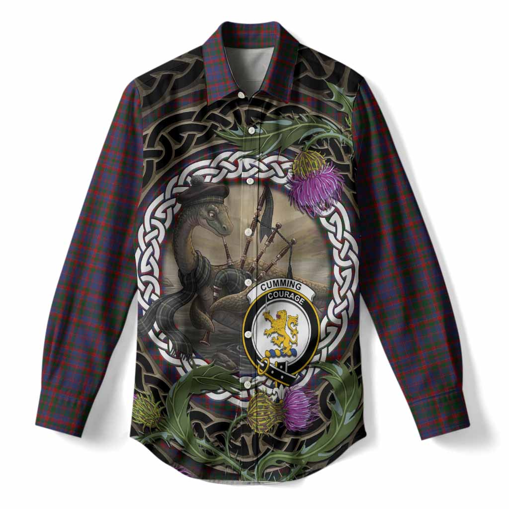 Cumming Tartan Crest Bagpipe Nessie Women Casual Shirt Scottish Loch Ness Monster Celtic Thistle
