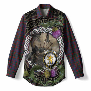 Cumming Tartan Crest Bagpipe Nessie Women Casual Shirt Scottish Loch Ness Monster Celtic Thistle