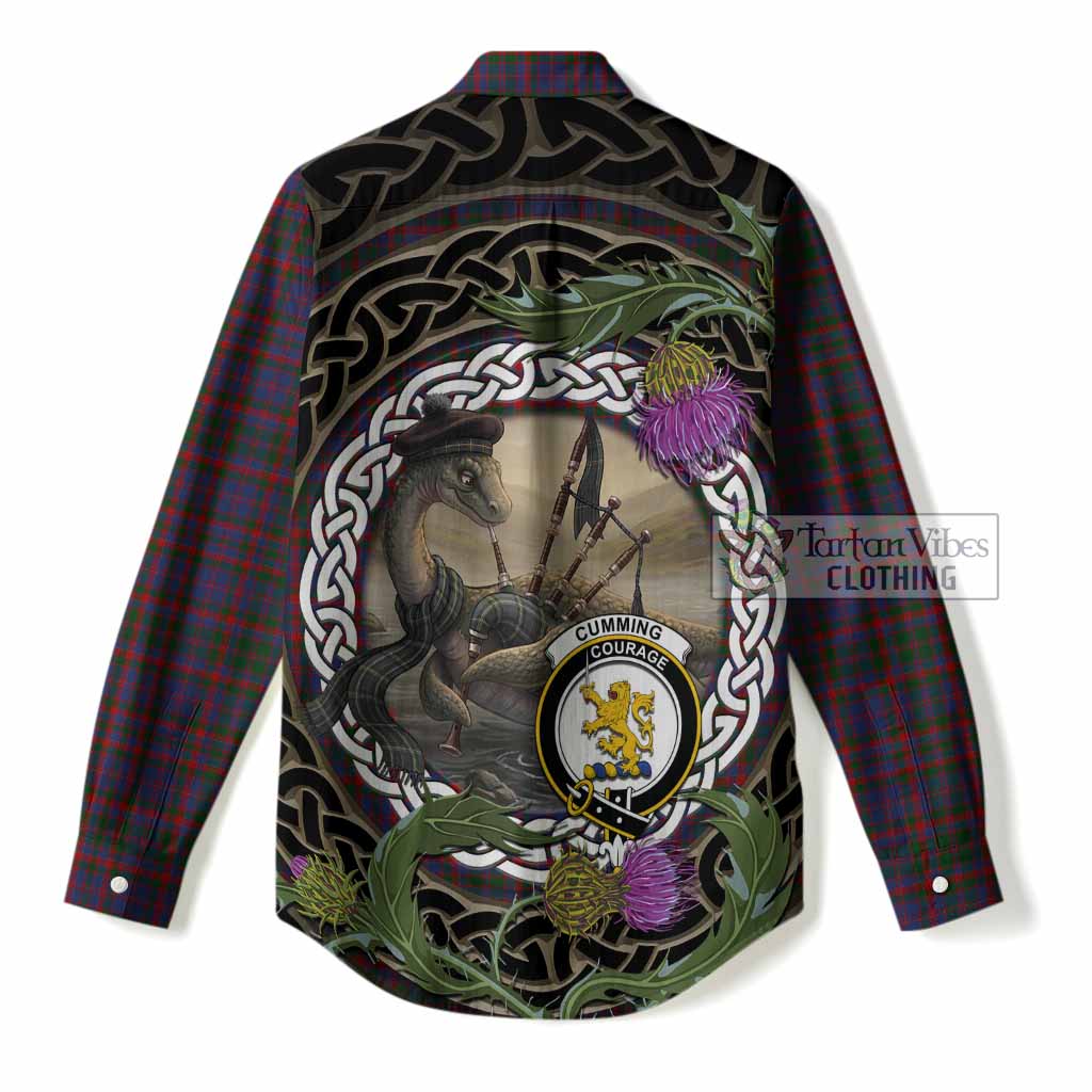 Cumming Tartan Crest Bagpipe Nessie Women Casual Shirt Scottish Loch Ness Monster Celtic Thistle