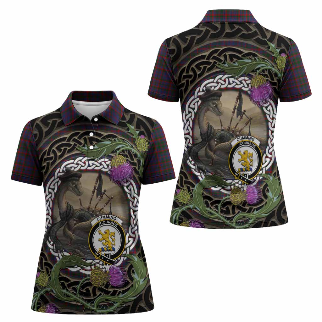 Cumming Tartan Crest Bagpipe Nessie Women Polo Shirt Scottish Loch Ness Monster Celtic Thistle