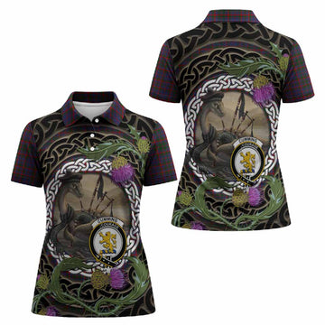 Cumming Tartan Crest Bagpipe Nessie Women Polo Shirt Scottish Loch Ness Monster Celtic Thistle
