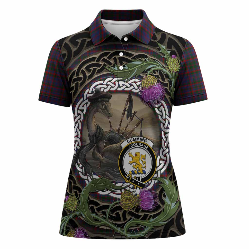 Cumming Tartan Crest Bagpipe Nessie Women Polo Shirt Scottish Loch Ness Monster Celtic Thistle