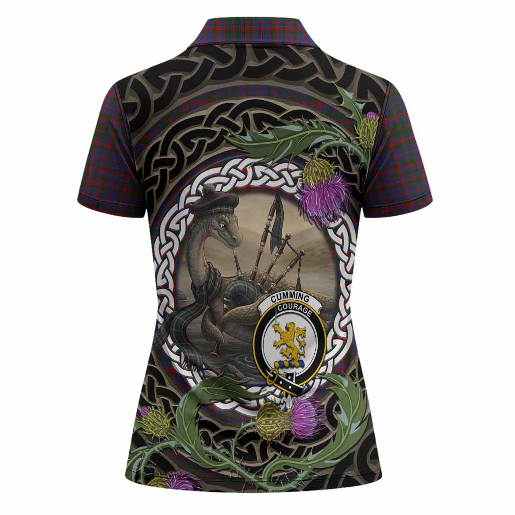 Cumming Tartan Crest Bagpipe Nessie Women Polo Shirt Scottish Loch Ness Monster Celtic Thistle