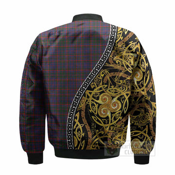 Cumming Tartan Crest Bomber Jacket Celtic Knot and Triple Trickle Spiral Symbols