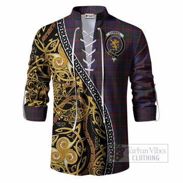Cumming Tartan Crest Ghillie Shirt Celtic Knot and Triple Trickle Spiral Symbols