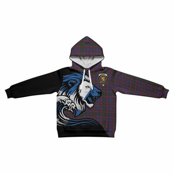 Cumming Tartan Crest Kid Hoodie Scottish Golden Lions Wave Flow