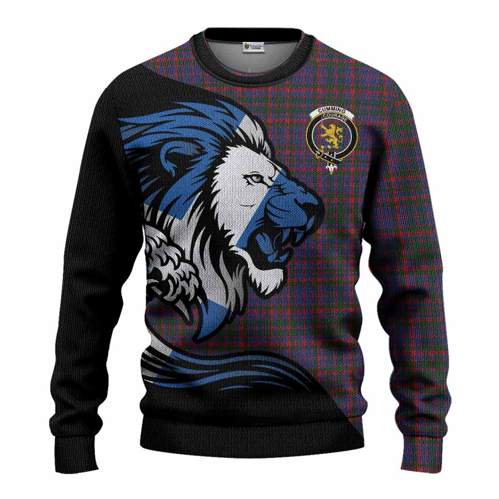 Cumming Tartan Crest Knitted Sweater Scottish Golden Lions Wave Flow