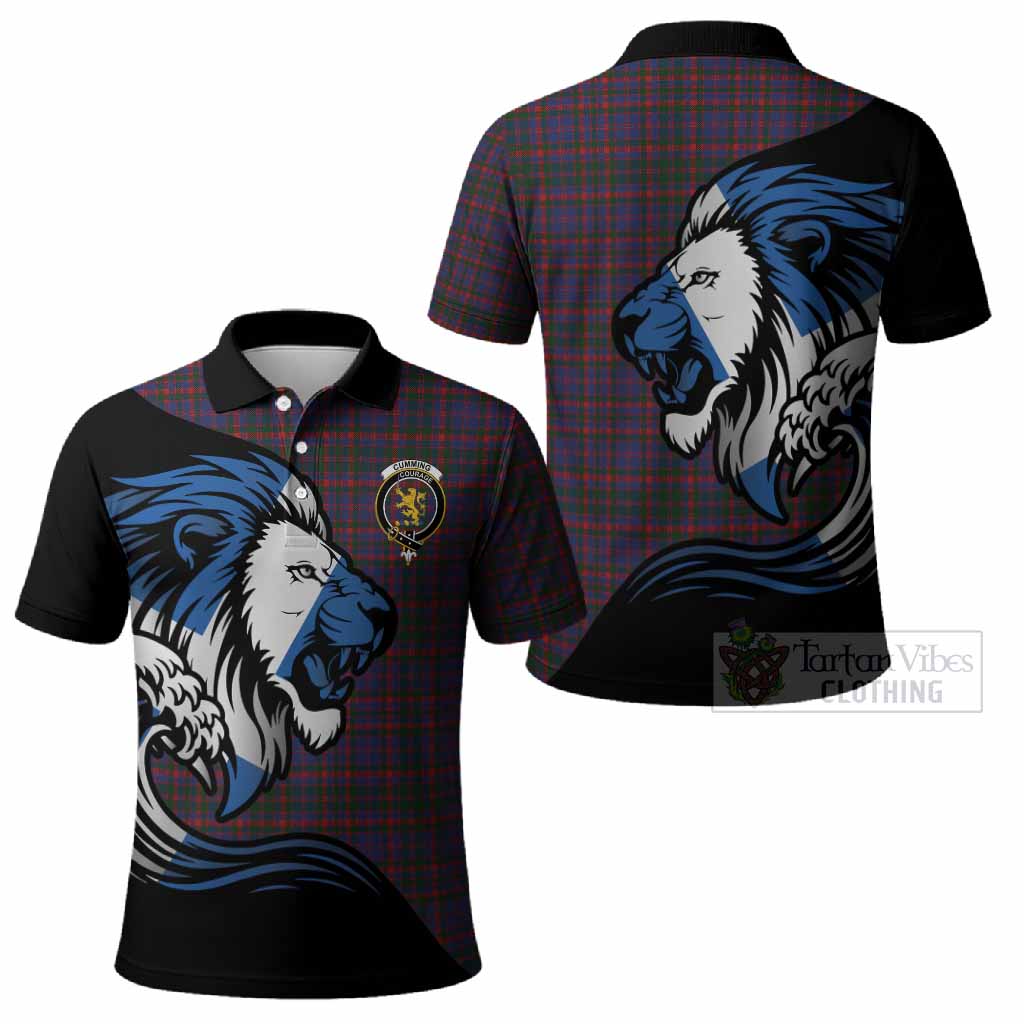 Cumming Tartan Crest Polo Shirt Scottish Golden Lions Wave Flow