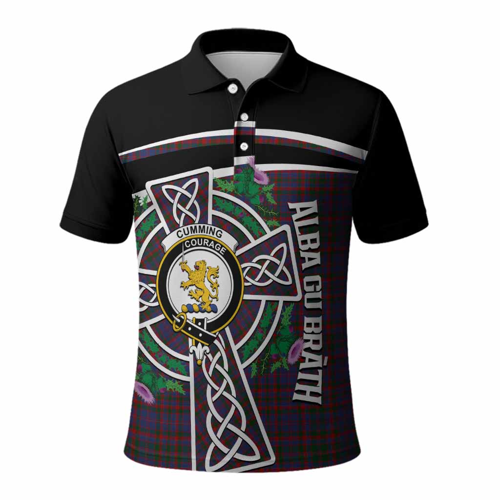 Cumming Tartan Crest Polo Shirt Scottish Thistle Celtic Cross Alba Gu Brath