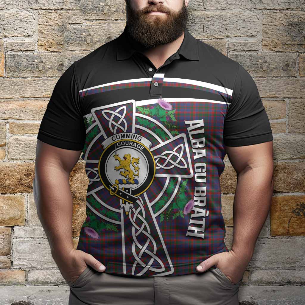 Cumming Tartan Crest Polo Shirt Scottish Thistle Celtic Cross Alba Gu Brath
