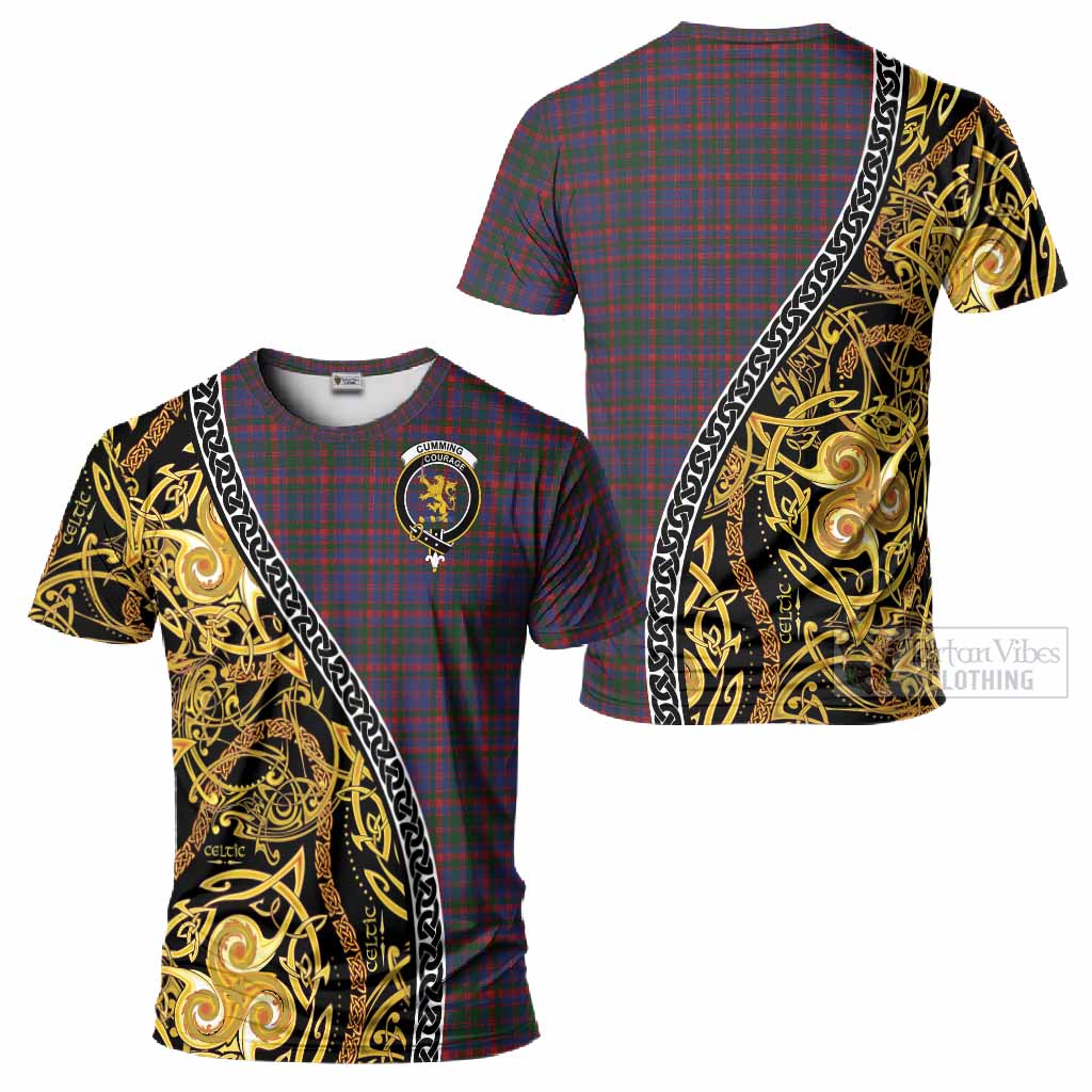 Cumming Tartan Crest T-Shirt Celtic Knot and Triple Trickle Spiral Symbols