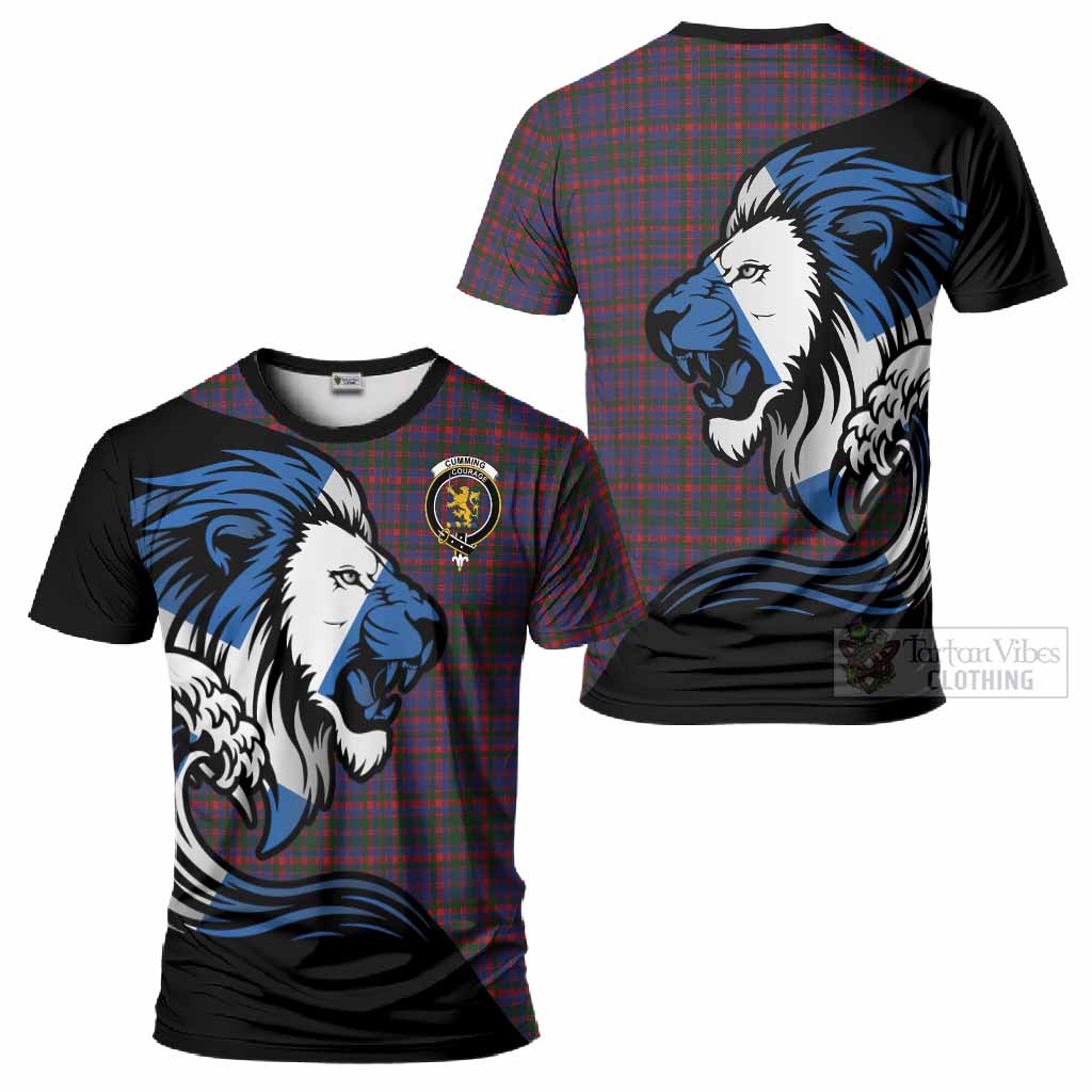 Cumming Tartan Crest T-Shirt Scottish Golden Lions Wave Flow