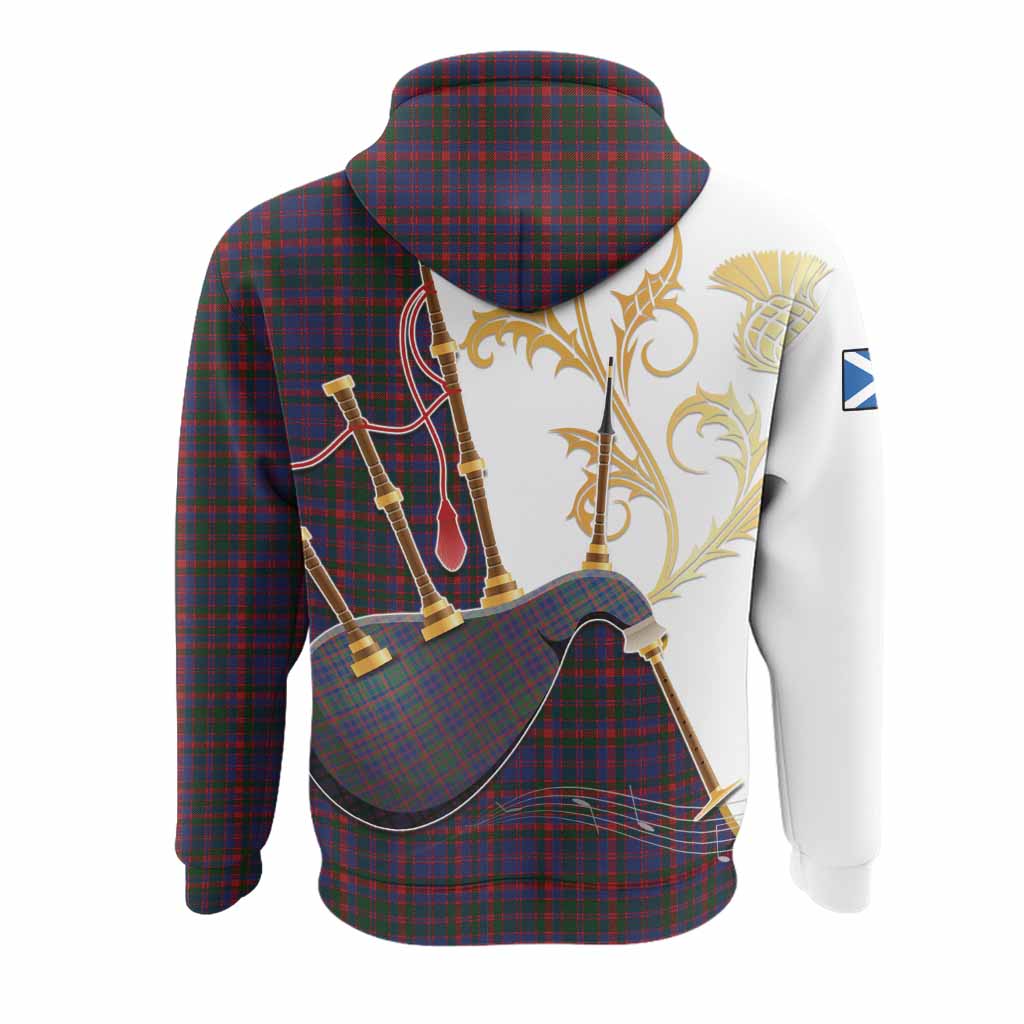 Cumming Tartan Family Crest Hoodie Bagpipes with Scottish Thistle