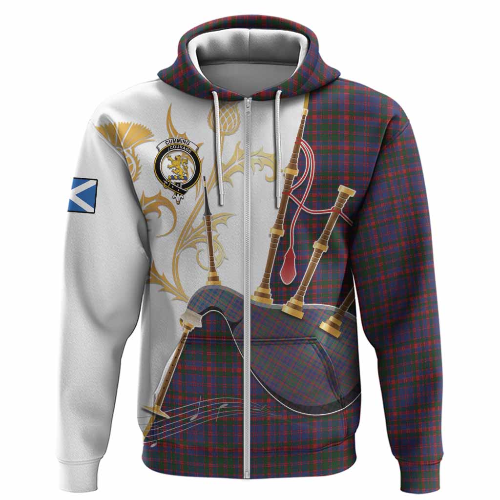 Cumming Tartan Family Crest Hoodie Bagpipes with Scottish Thistle