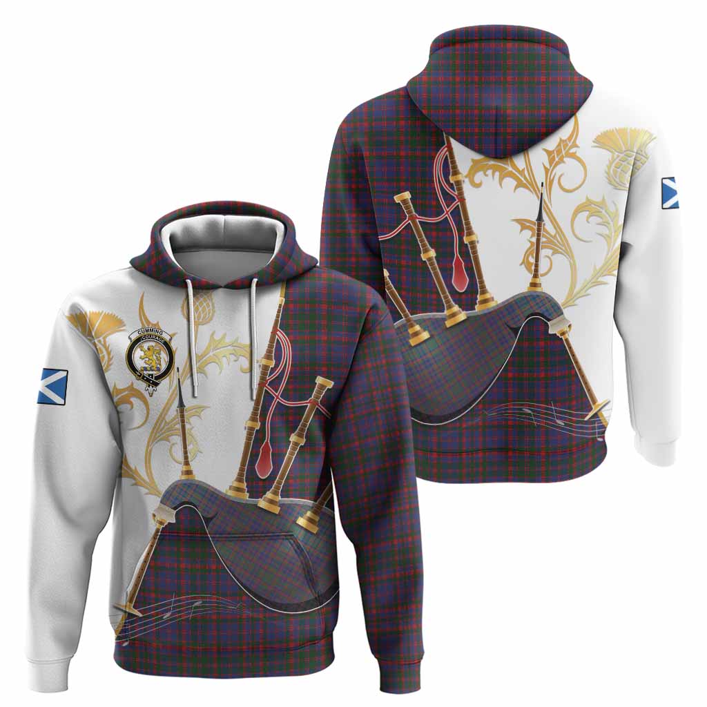 Cumming Tartan Family Crest Hoodie Bagpipes with Scottish Thistle