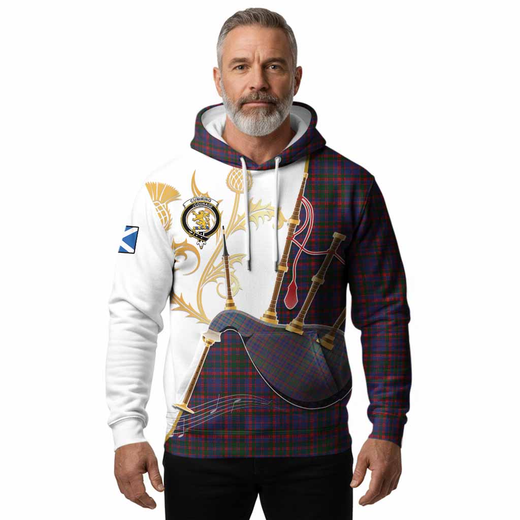 Cumming Tartan Family Crest Hoodie Bagpipes with Scottish Thistle