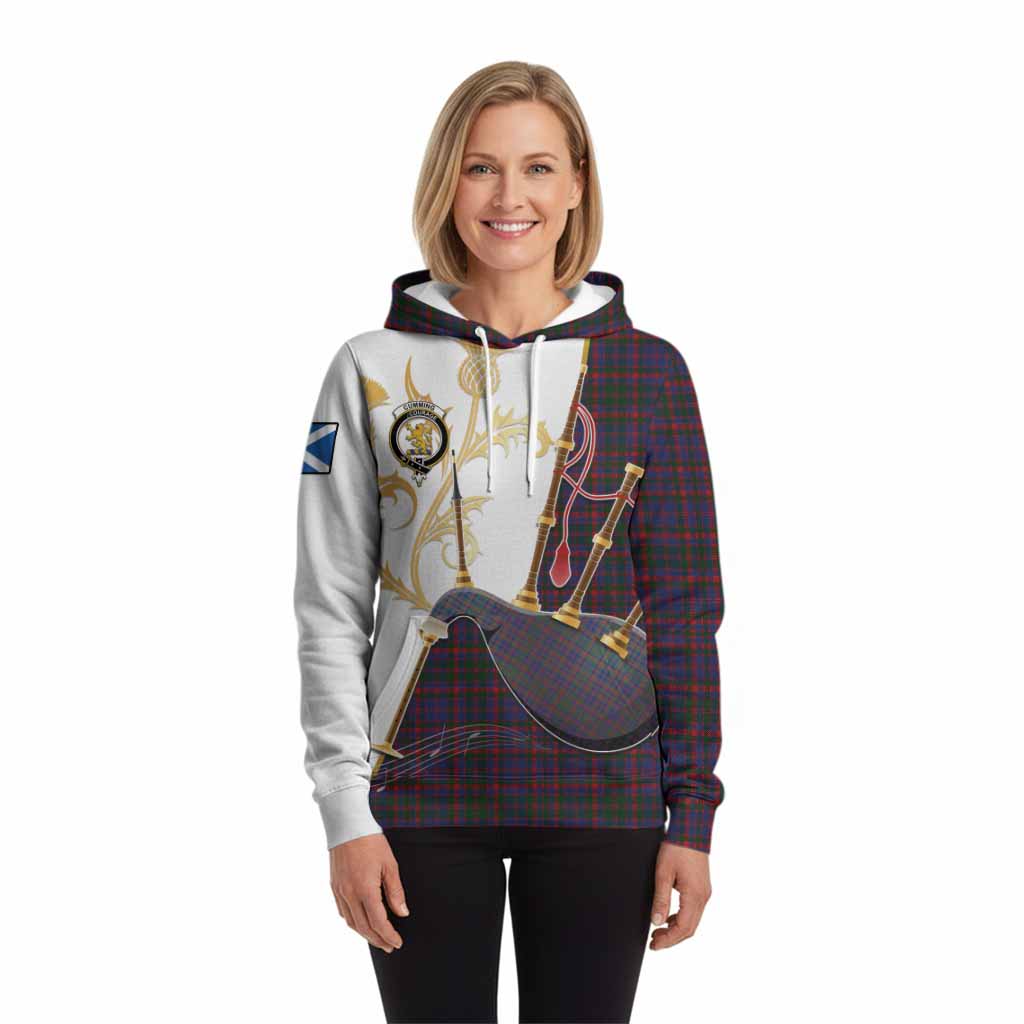 Cumming Tartan Family Crest Hoodie Bagpipes with Scottish Thistle