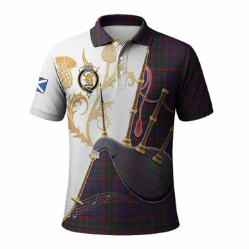 Cumming Tartan Family Crest Polo Shirt Bagpipes with Scottish Thistle
