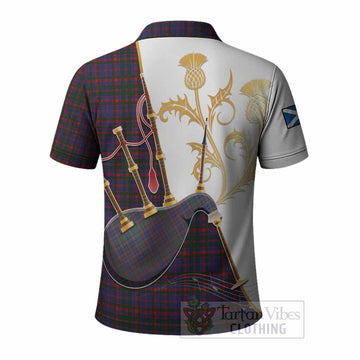 Cumming Tartan Family Crest Polo Shirt Bagpipes with Scottish Thistle
