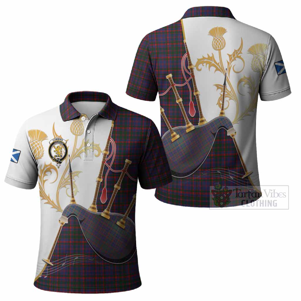 Cumming Tartan Family Crest Polo Shirt Bagpipes with Scottish Thistle