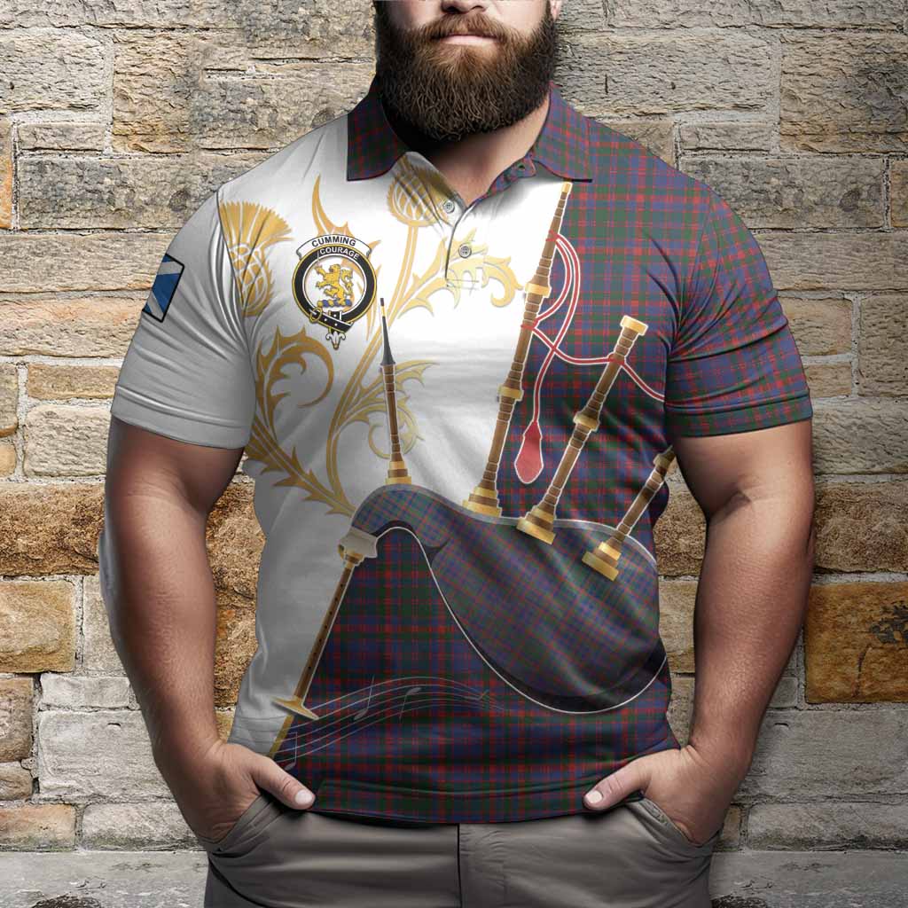 Cumming Tartan Family Crest Polo Shirt Bagpipes with Scottish Thistle