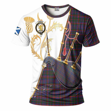 Cumming Tartan Family Crest T-Shirt Bagpipes with Scottish Thistle