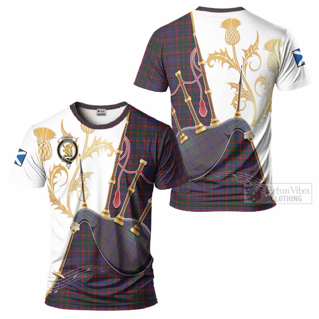 Cumming Tartan Family Crest T-Shirt Bagpipes with Scottish Thistle