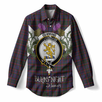 Cumming Tartan Family Crest Women Casual Shirt Scottish Burns Night Thistle Floral