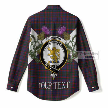 Cumming Tartan Family Crest Women Casual Shirt Scottish Burns Night Thistle Floral