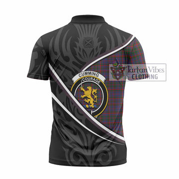 Cumming Tartan Family Crest Zipper Polo Shirt Celtic Scottish Thistle Floral