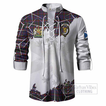 Cumming Tartan Ghillie Shirt with Family Crest and Lion Rampant Grunge Style