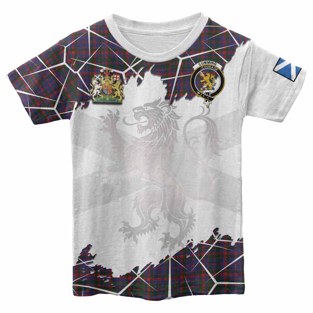 Cumming Tartan Kid T-shirt with Family Crest and Lion Rampant Grunge Style