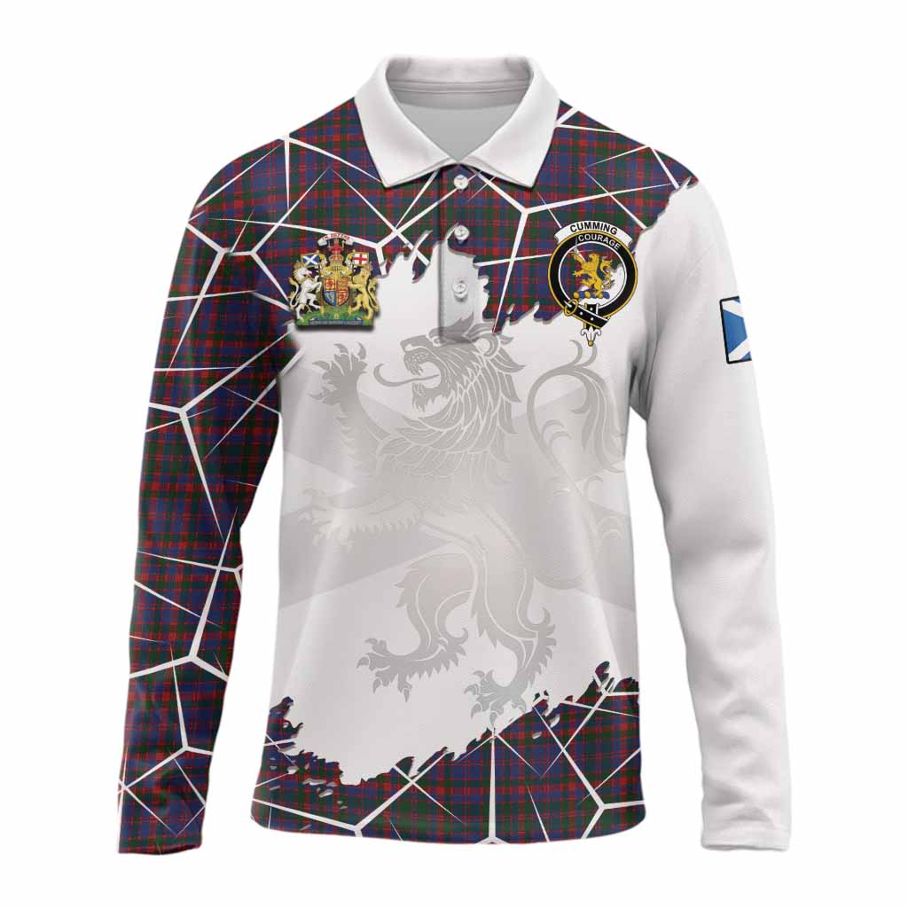 Cumming Tartan Long Sleeve Polo Shirt with Family Crest and Lion Rampant Grunge Style