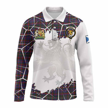 Cumming Tartan Long Sleeve Polo Shirt with Family Crest and Lion Rampant Grunge Style