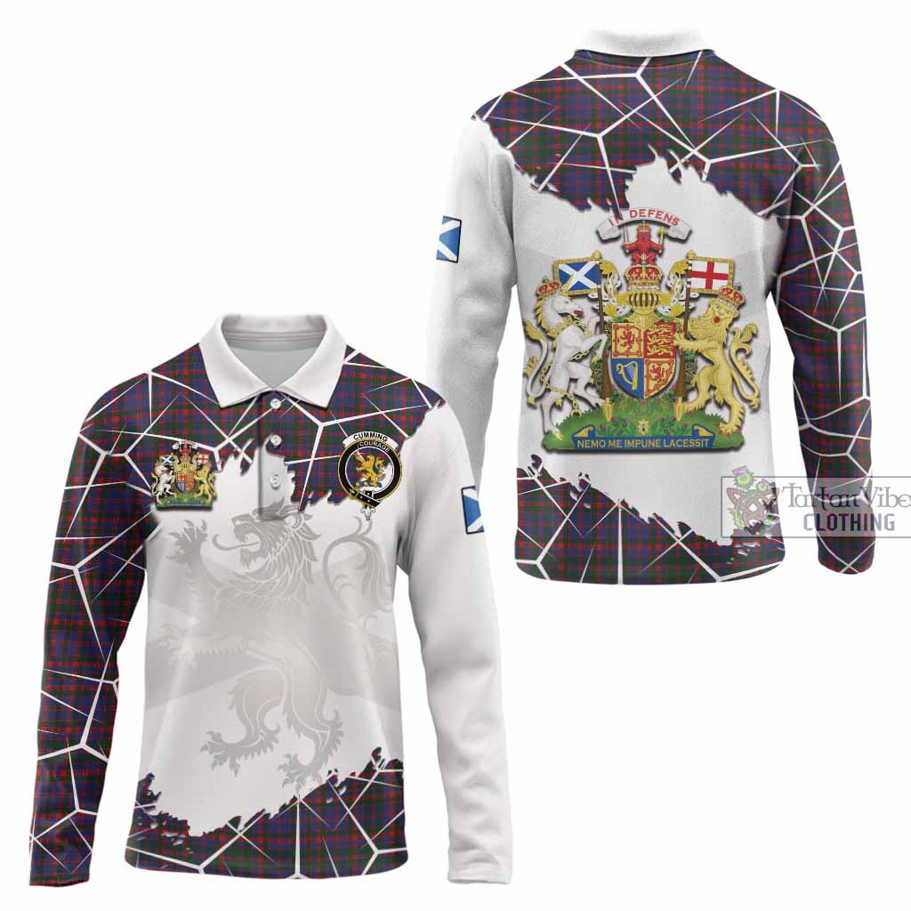 Cumming Tartan Long Sleeve Polo Shirt with Family Crest and Lion Rampant Grunge Style