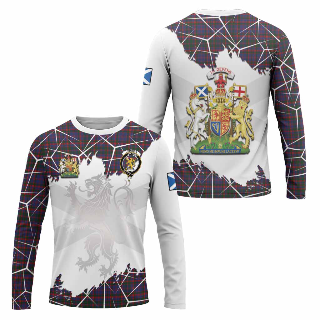 Cumming Tartan Long Sleeve T-Shirt with Family Crest and Lion Rampant Grunge Style