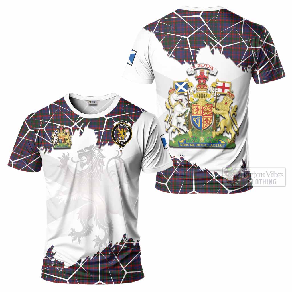 Cumming Tartan T-Shirt with Family Crest and Lion Rampant Grunge Style