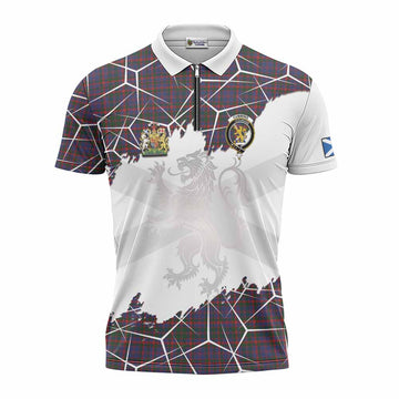 Cumming Tartan Zipper Polo Shirt with Family Crest and Lion Rampant Grunge Style