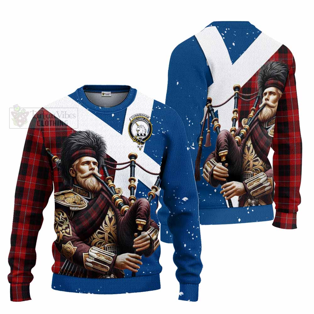 Tartan Vibes Clothing Cunningham Tartan Knitted Sweater with Family Crest Scottish Bagpiper Vibes
