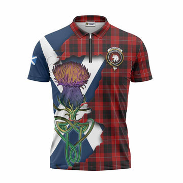 Cunningham Tartan Family Crest Zipper Polo Shirt Scottish Thistle Celtic Inspired