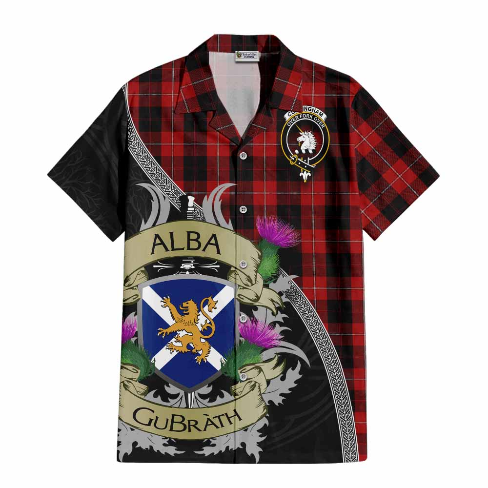 Tartan Vibes Clothing Cunningham Tartan Family Crest Short Sleeve Button Shirt Lion Rampant Royal Thistle Shield Celtic Inspired