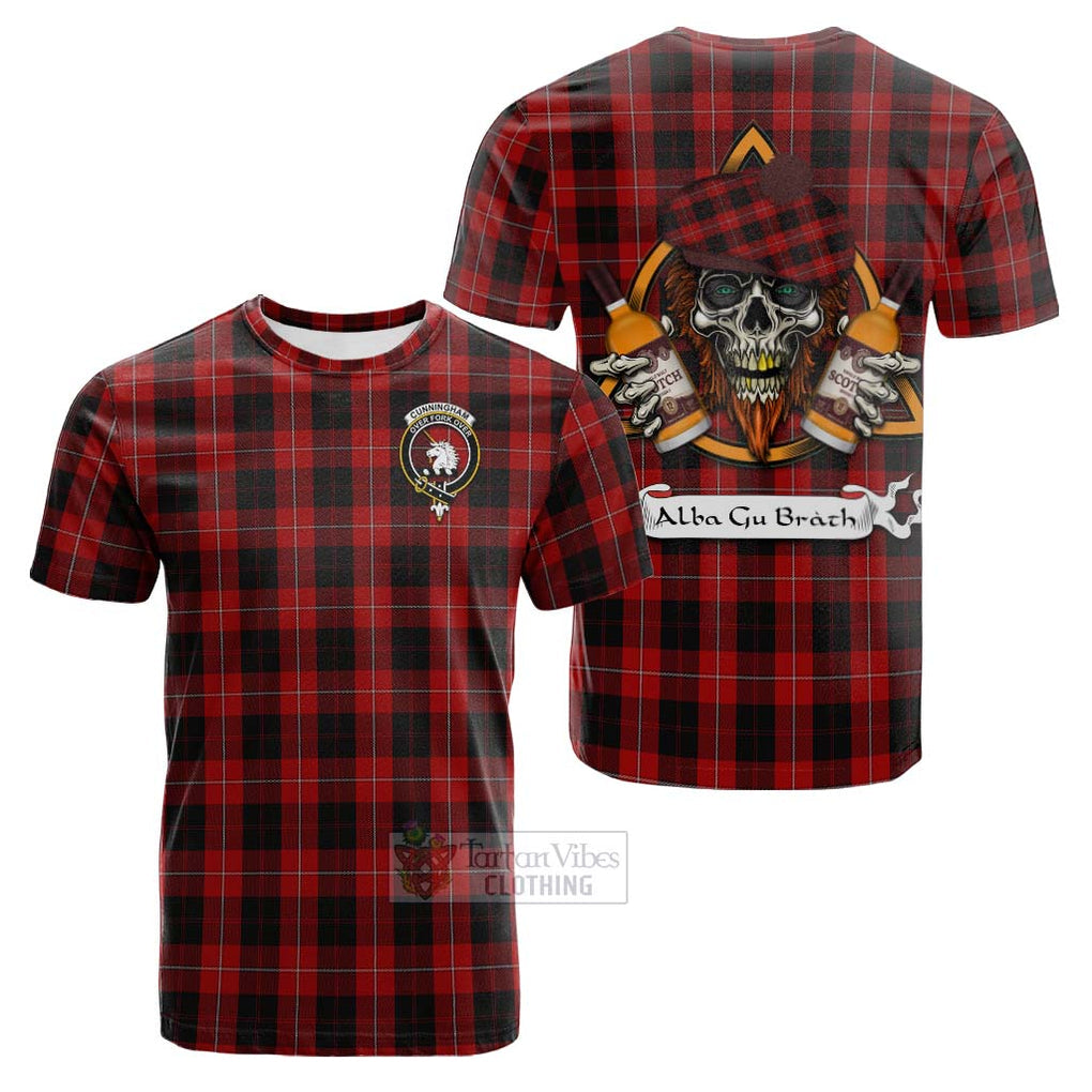 Tartan Vibes Clothing Cunningham Tartan Cotton T-shirt with Family Crest and Bearded Skull Holding Bottles of Whiskey
